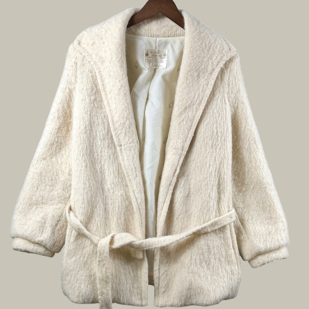 Vintage Alafoss Icewool Coat Women L Cream Icelandic Virgin Wool Belted Wrap Top